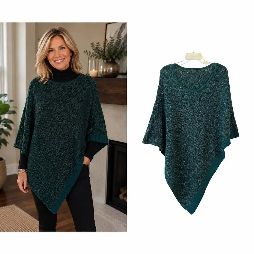 Chico’s Metallic Knit Triangle Poncho Sweater Goddess Green Asymmetrical Medium
